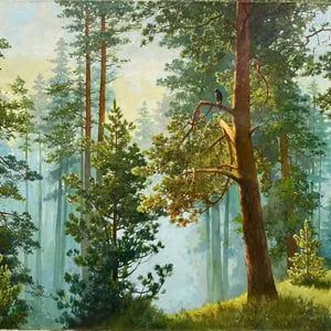 Sun-dappled pine forest landscape painting in oil, showing morning sunlight through green trees and forest canopy, serene woodland wall art for nature-inspired interiors.