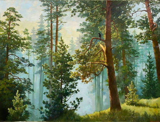 Sun-Dappled Pine Forest Original Oil Painting | Woodland Art