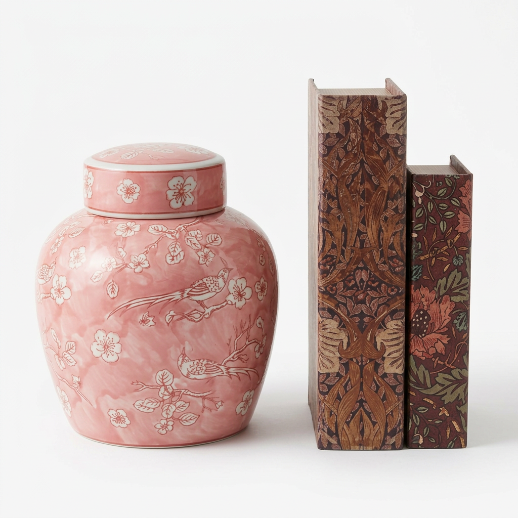 Pink chinoiserie ginger jar with lid beside two burgundy and brown botanical book boxes on a white background