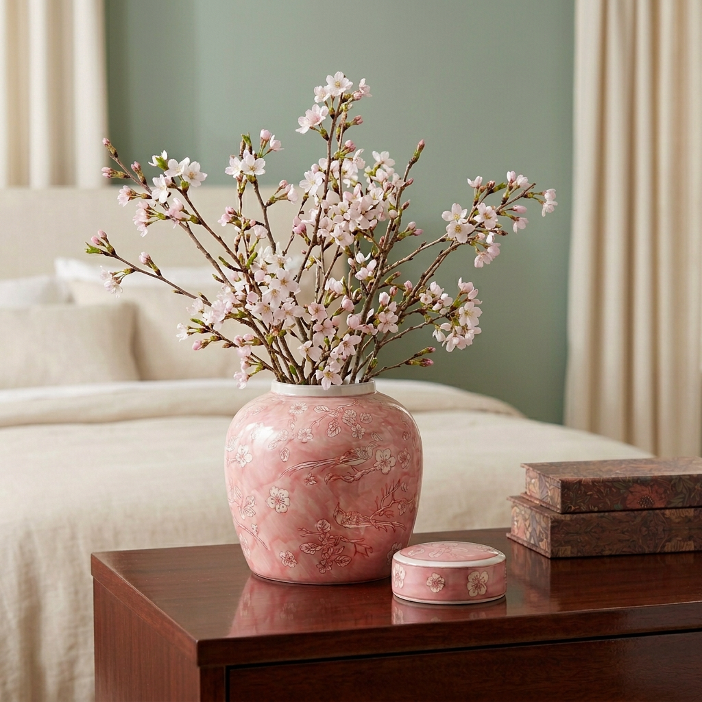 Pink ginger jar with short cherry blossom branches and botanical book boxes styled on a bedroom dresser