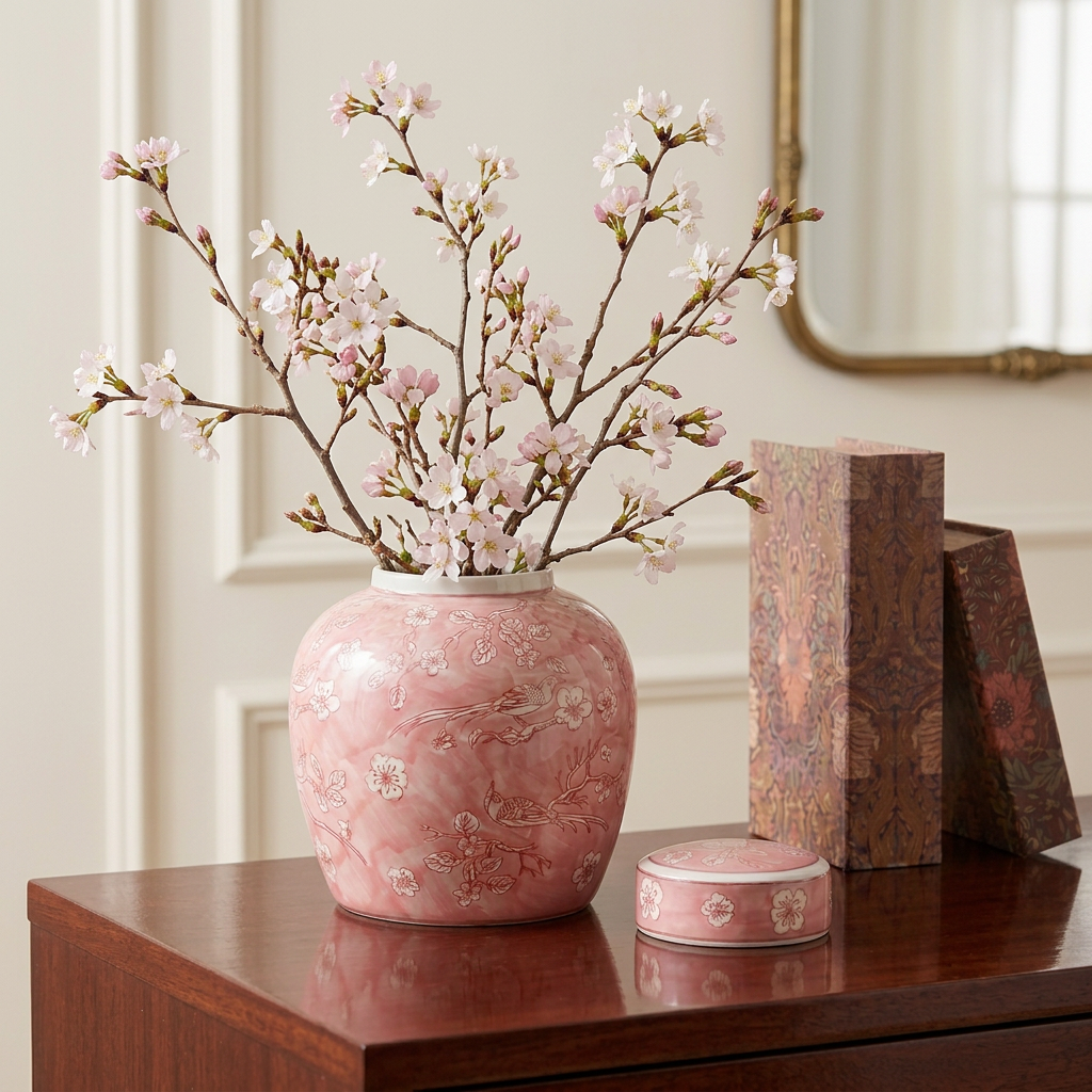 Pink ginger jar with cherry blossom stems and botanical book boxes decorating a classic living room