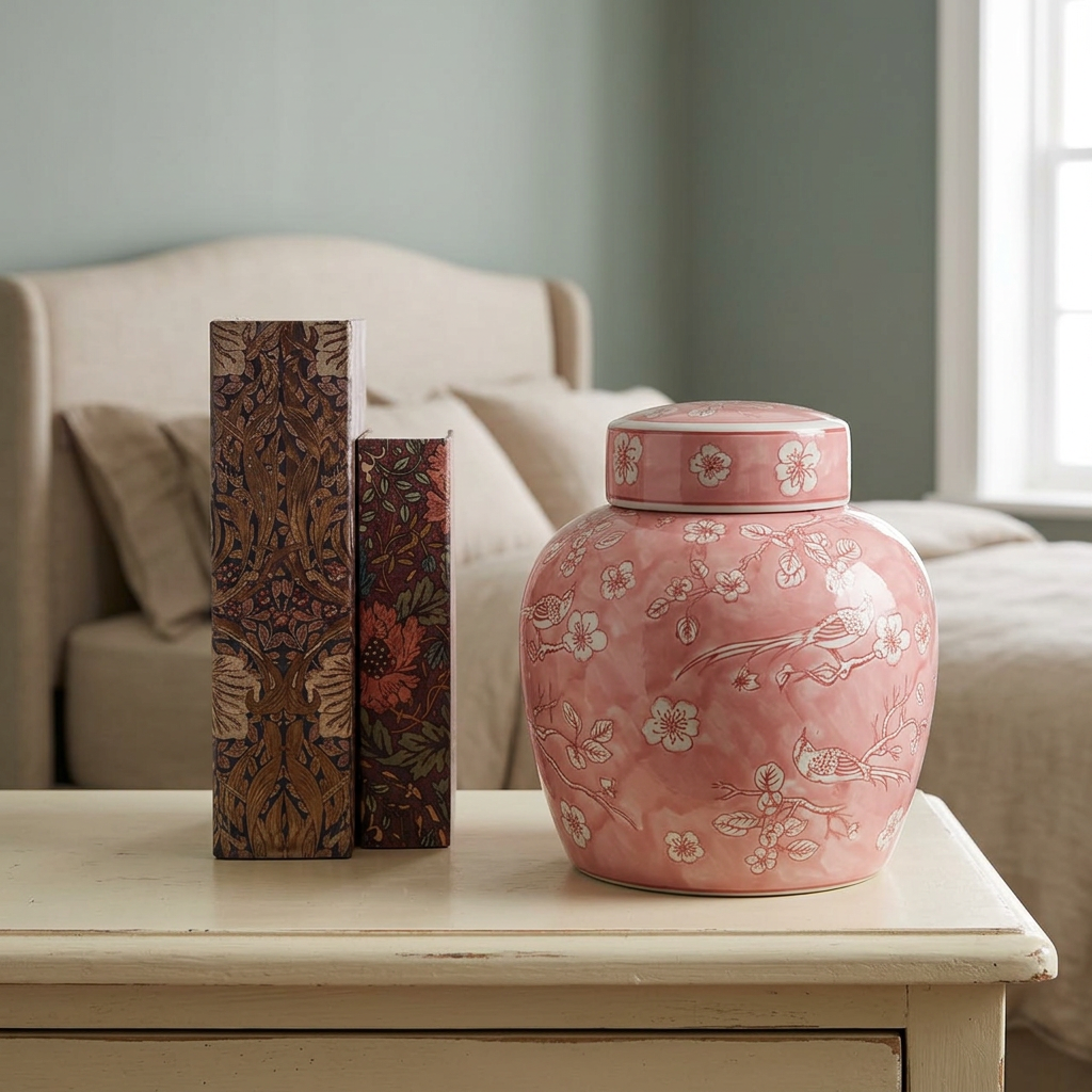 Pink chinoiserie ginger jar and botanical book boxes decorating a cozy bedroom, with soft warm lighting