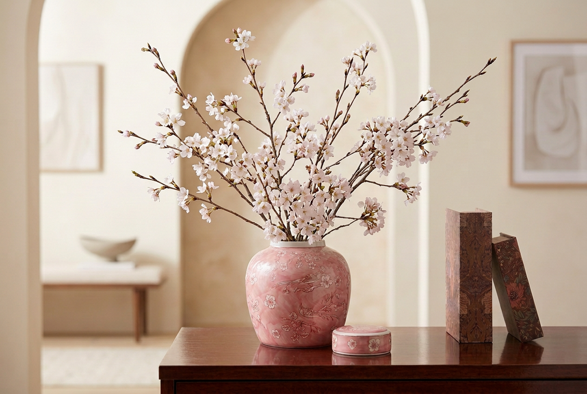 Pink ginger jar with short cherry blossom branches and botanical book boxes styled on an entryway console table