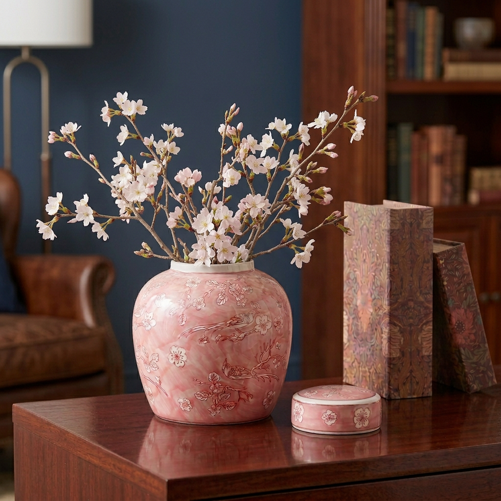 Pink chinoiserie ginger jar with faux cherry blossom stems and botanical book boxes styled in a home office