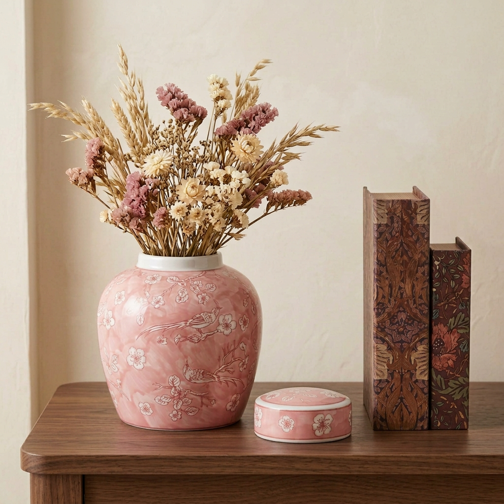 Pink chinoiserie ginger jar with dried flowers beside botanical book boxes on a dark walnut console table
