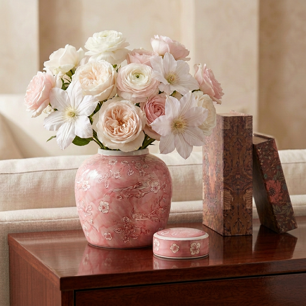 Pink chinoiserie ginger jar with flowers and botanical book boxes on a glossy mahogany table surface
