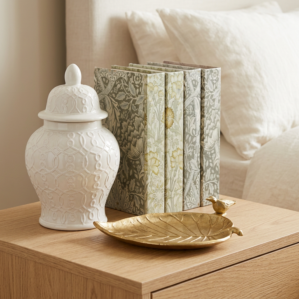 Sage and gold decor set with ginger jar, book boxes and gold leaf tray on a bedroom dresser