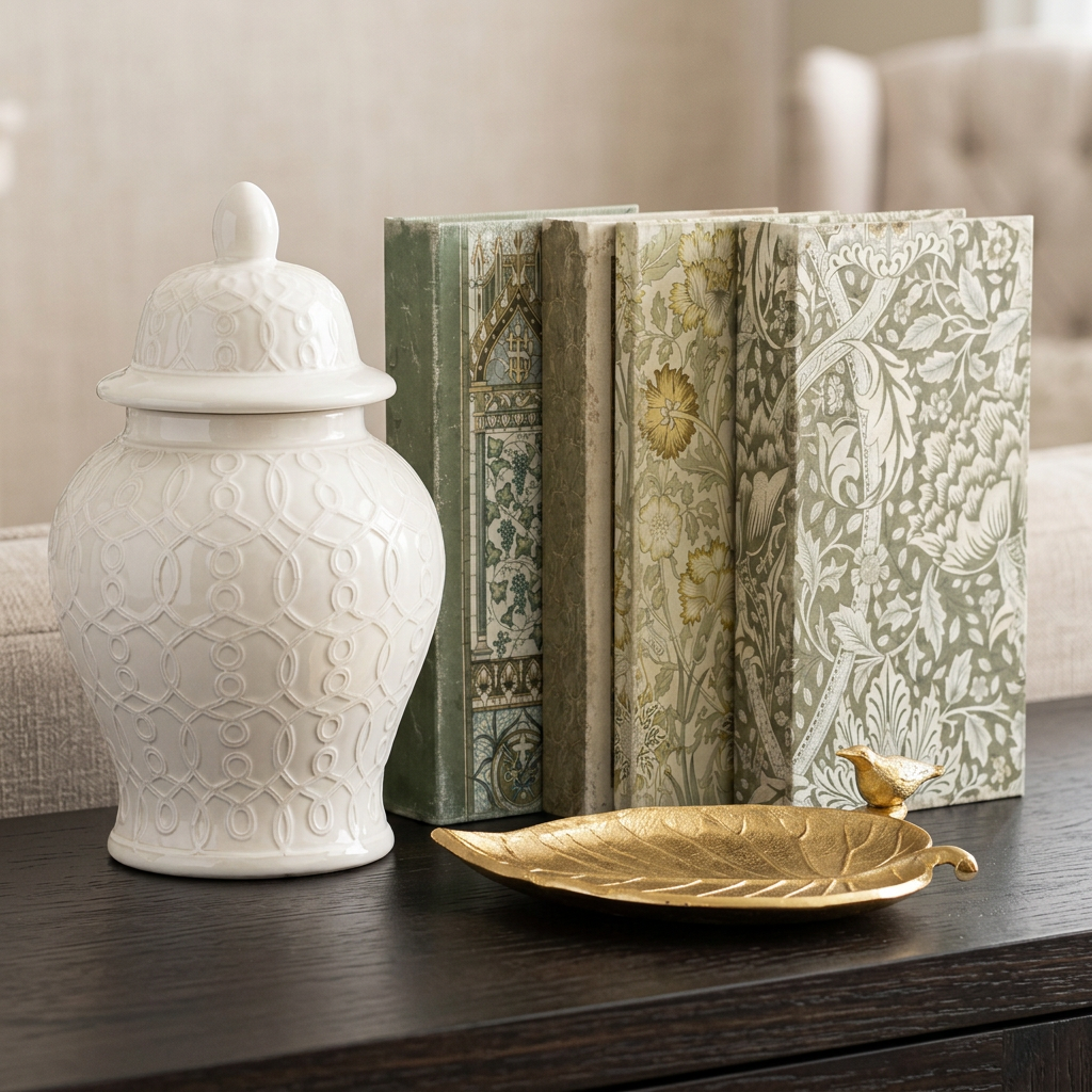 Sage and gold decor set with ginger jar, botanical book boxes and gold leaf tray on a dark wood table