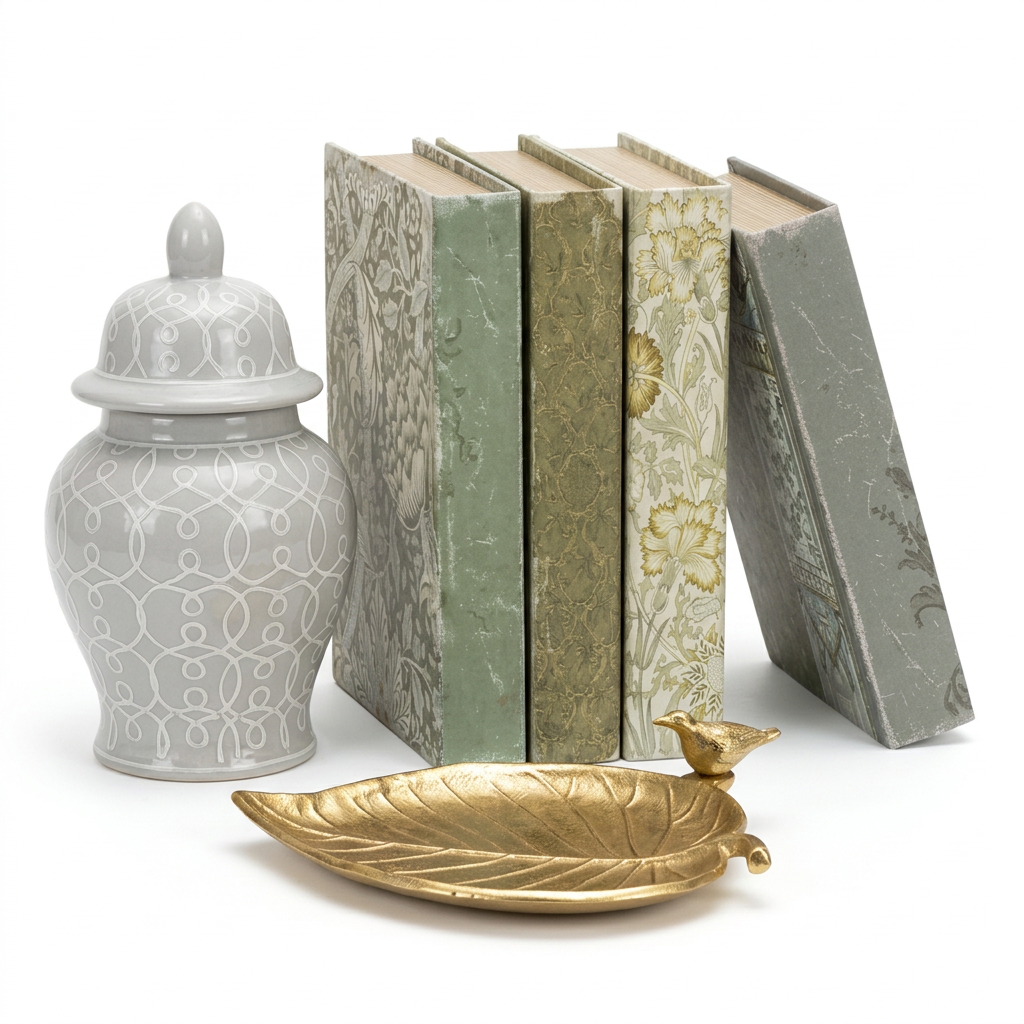 Sage and gold decor set with light gray ginger jar, four vintage botanical book boxes and a gold leaf tray with a bird