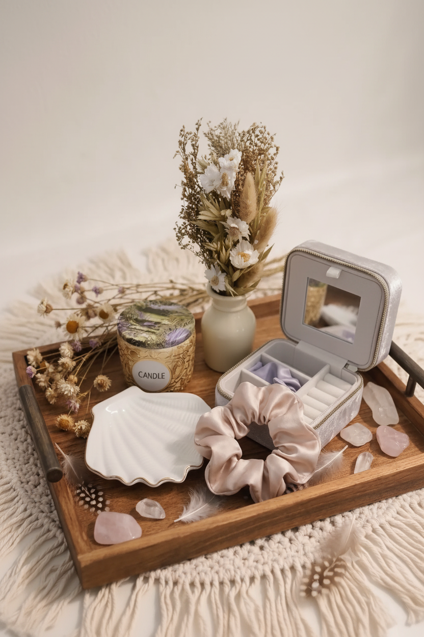 A compact and chic silver-grey velvet travel jewelry box from the Boho Vanity Sanctuary Set, shown in its closed position with the zipper secured. It rests on a textured macrame mat next to a glossy white ceramic shell dish and decorative crystals, emphasizing its portability and sleek design.