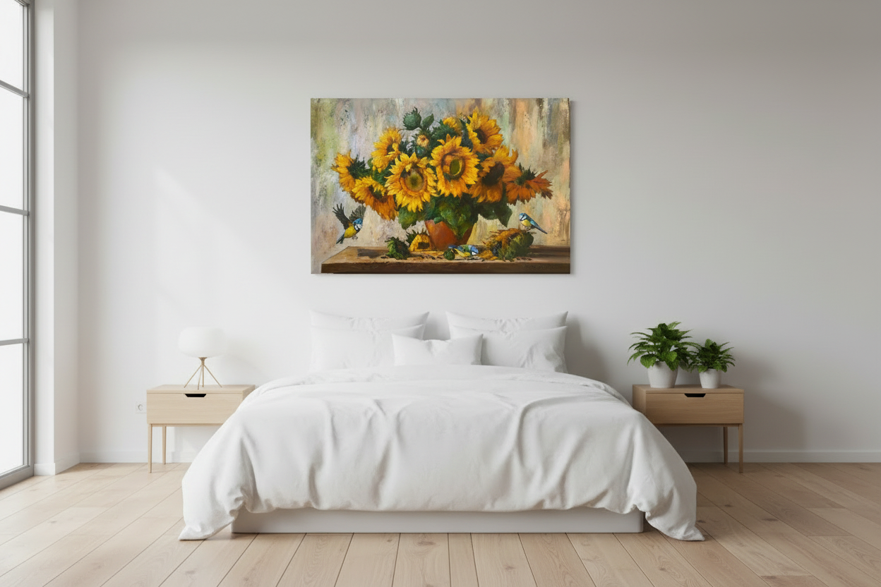 Sunflower painting in Scandinavian bedroom
