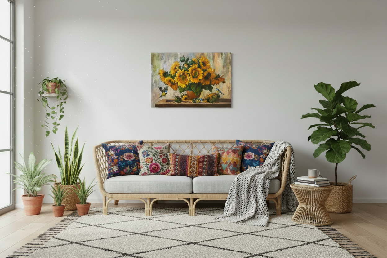 Sunflower painting smaller in bohemian living room
