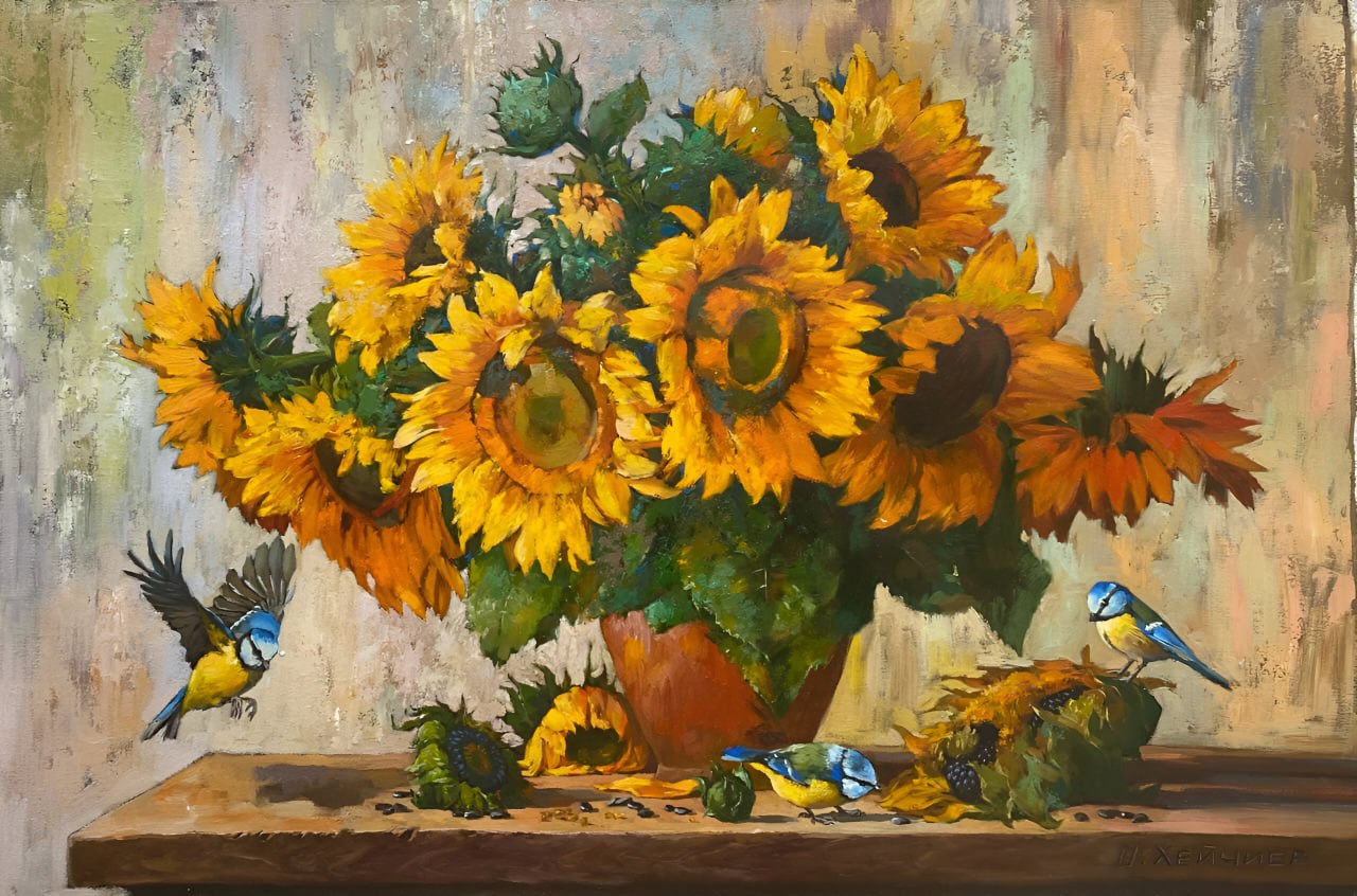 Original textured oil painting of vibrant yellow sunflowers and blue birds on a warm beige background, handcrafted floral wall art for organic modern home decor.