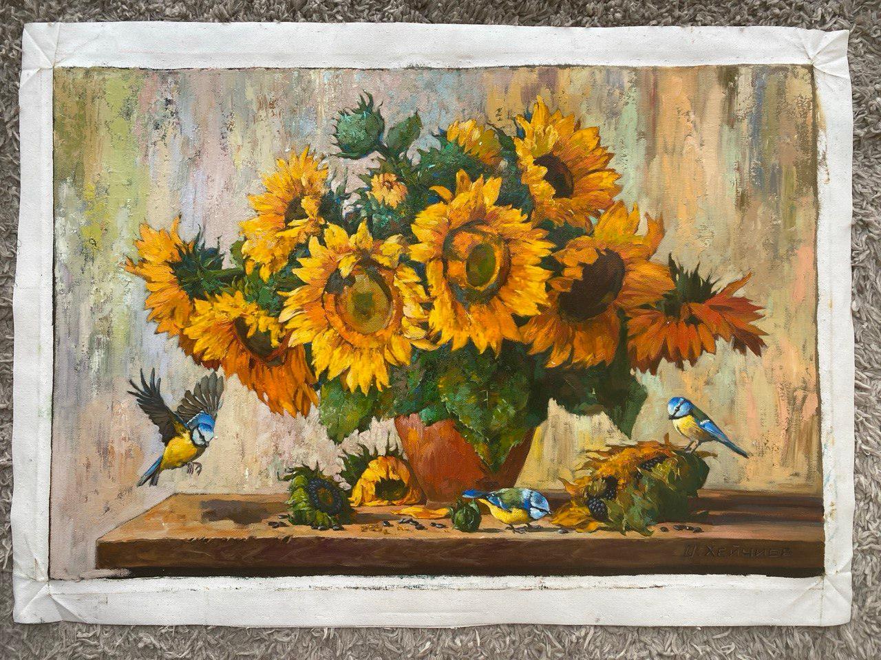 Vibrant Sunflower & Blue Birds Original Oil Painting