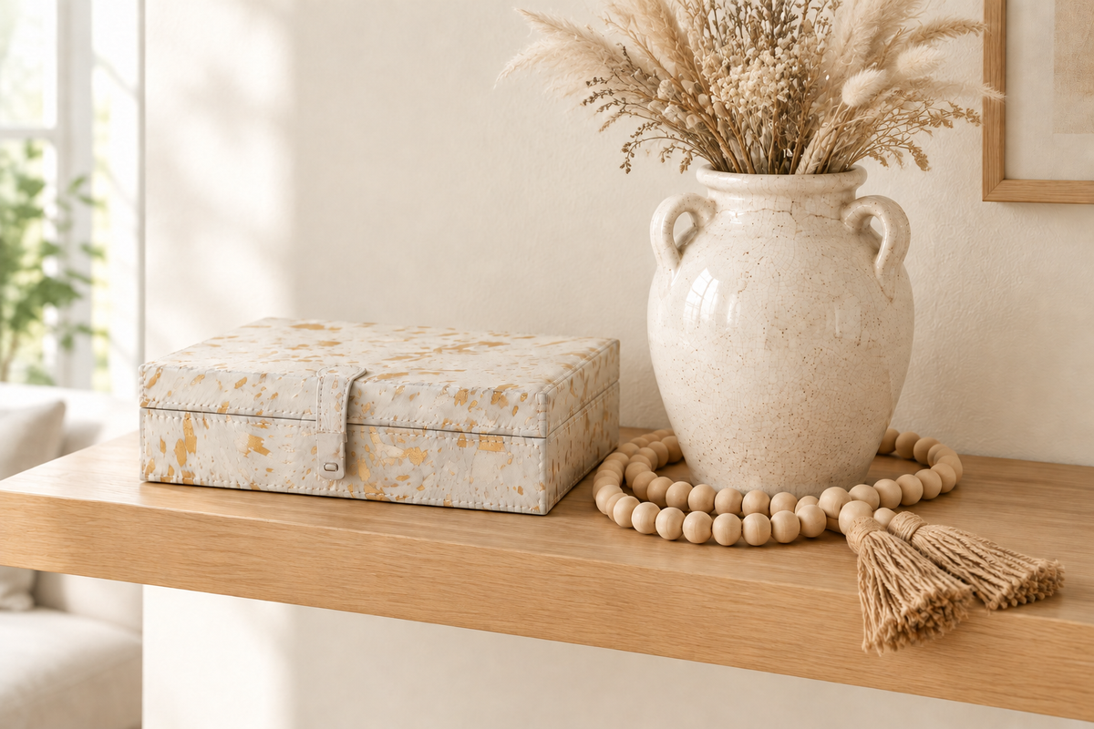 Terracotta vase, closed keepsake box and wood bead garland arranged on a light oak shelf