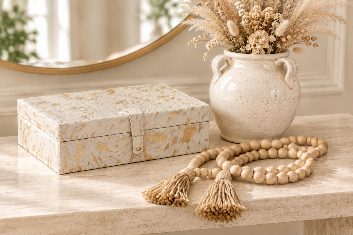 White terracotta vase with beige dried flowers, keepsake box and wood bead garland on an entryway console table