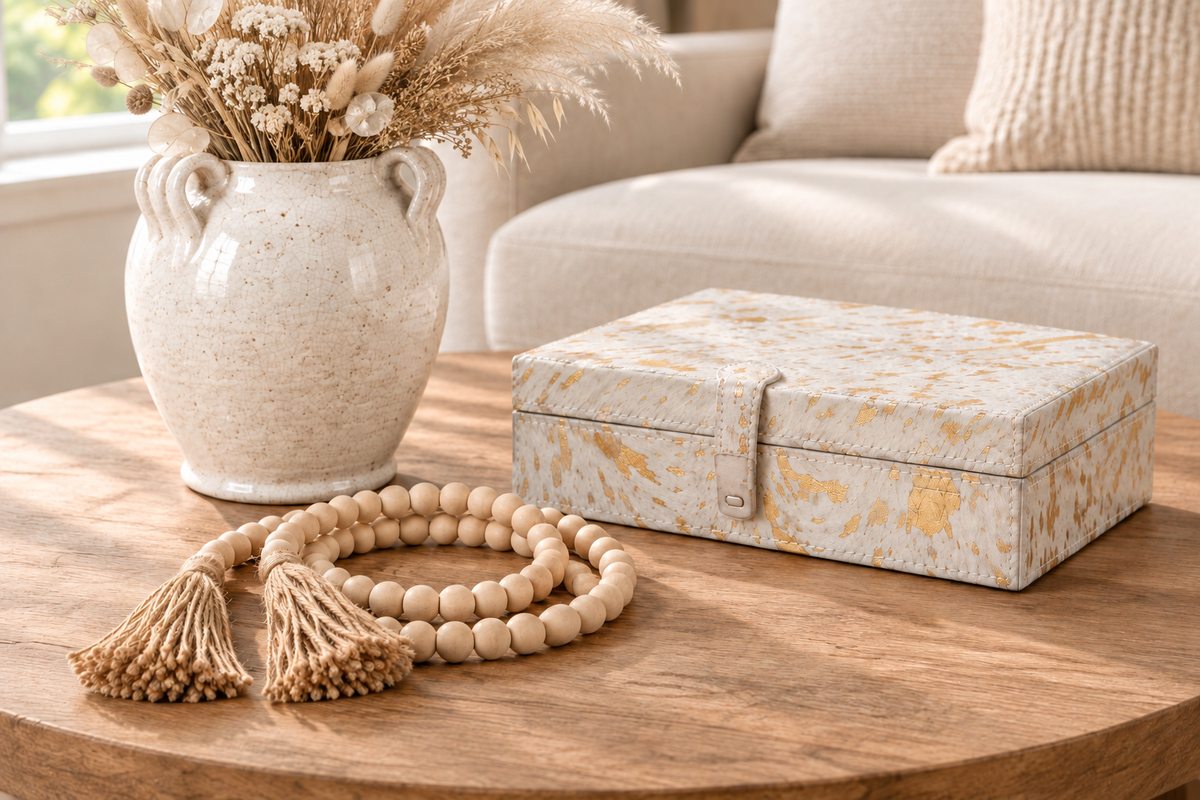 White crackle terracotta vase with dried flowers, keepsake box and wood bead garland on a coffee table