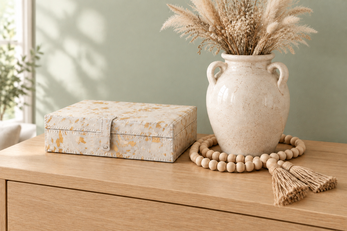 White crackle terracotta vase with dried flowers, keepsake box and wood bead garland against a sage green background