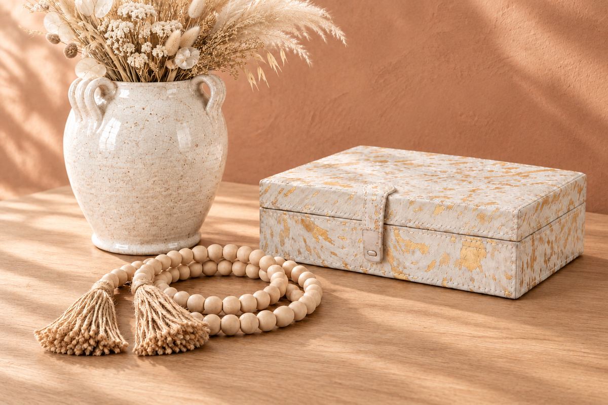White crackle terracotta vase with dried flowers, keepsake box and wood bead garland against a light terracotta background