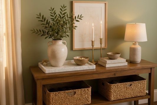 Close-up of the Warm Welcome Bundle featuring a marble tray, brass candle holders, and artisanal ceramic vase with greenery for organic modern home styling.

