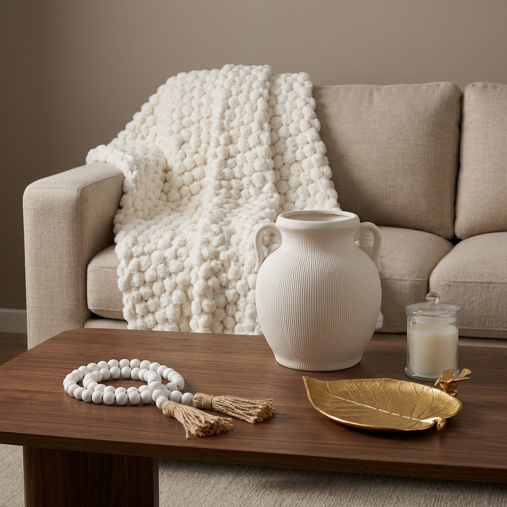 Cream faux fur throw, white ribbed vase and wood bead garland styled in a neutral living room with a sofa