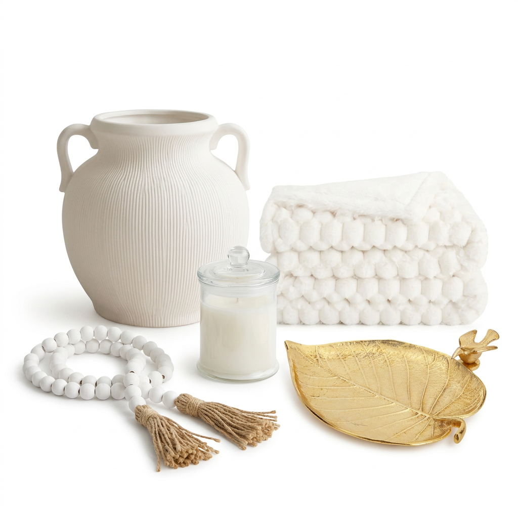 Warm neutral decor set with a white ribbed vase, cream faux fur throw in a gift box, wood bead garland, gold leaf dish and white soy candle