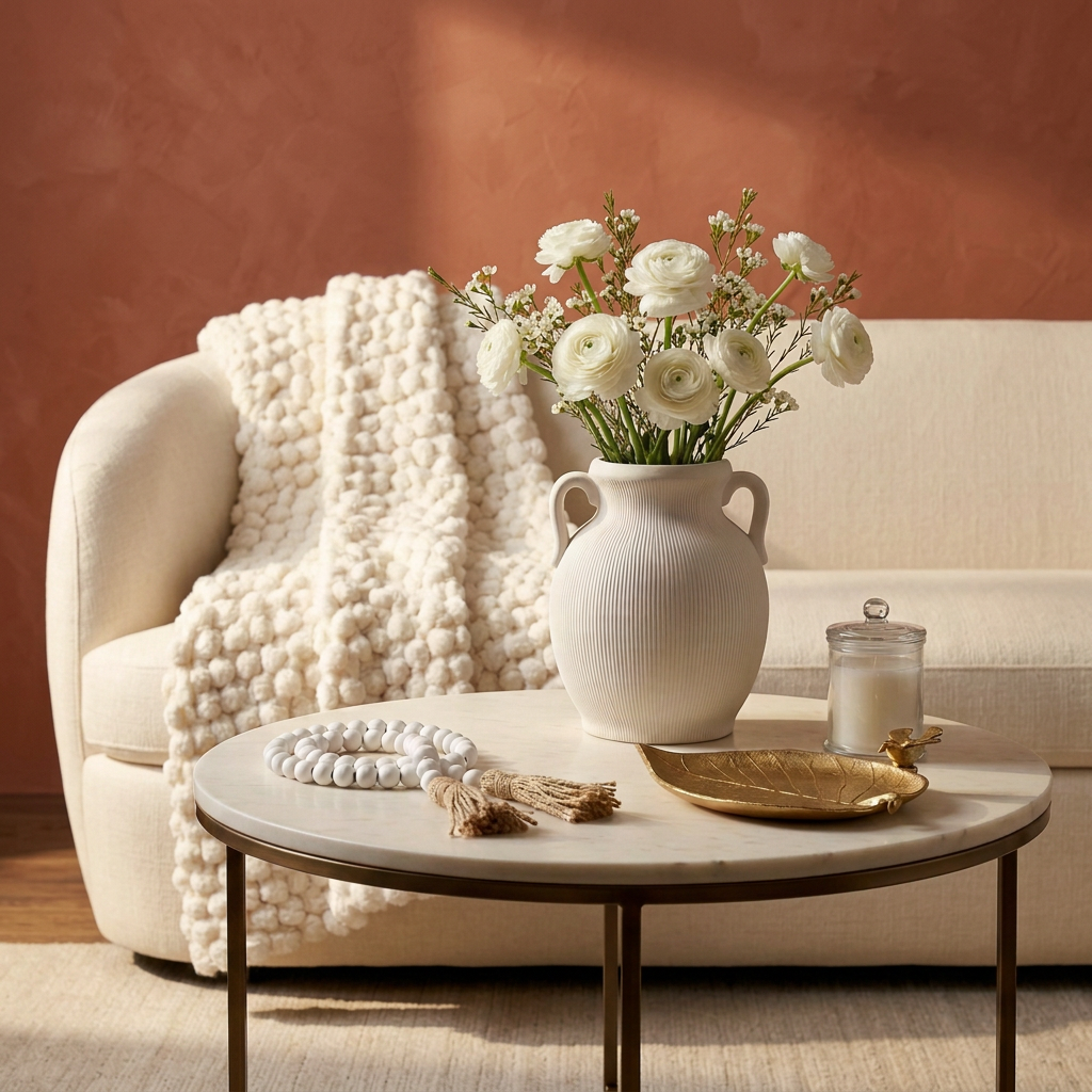 Warm neutral decor set with white ribbed vase, wood bead garland and soy candle styled in a warm terracotta-toned interior