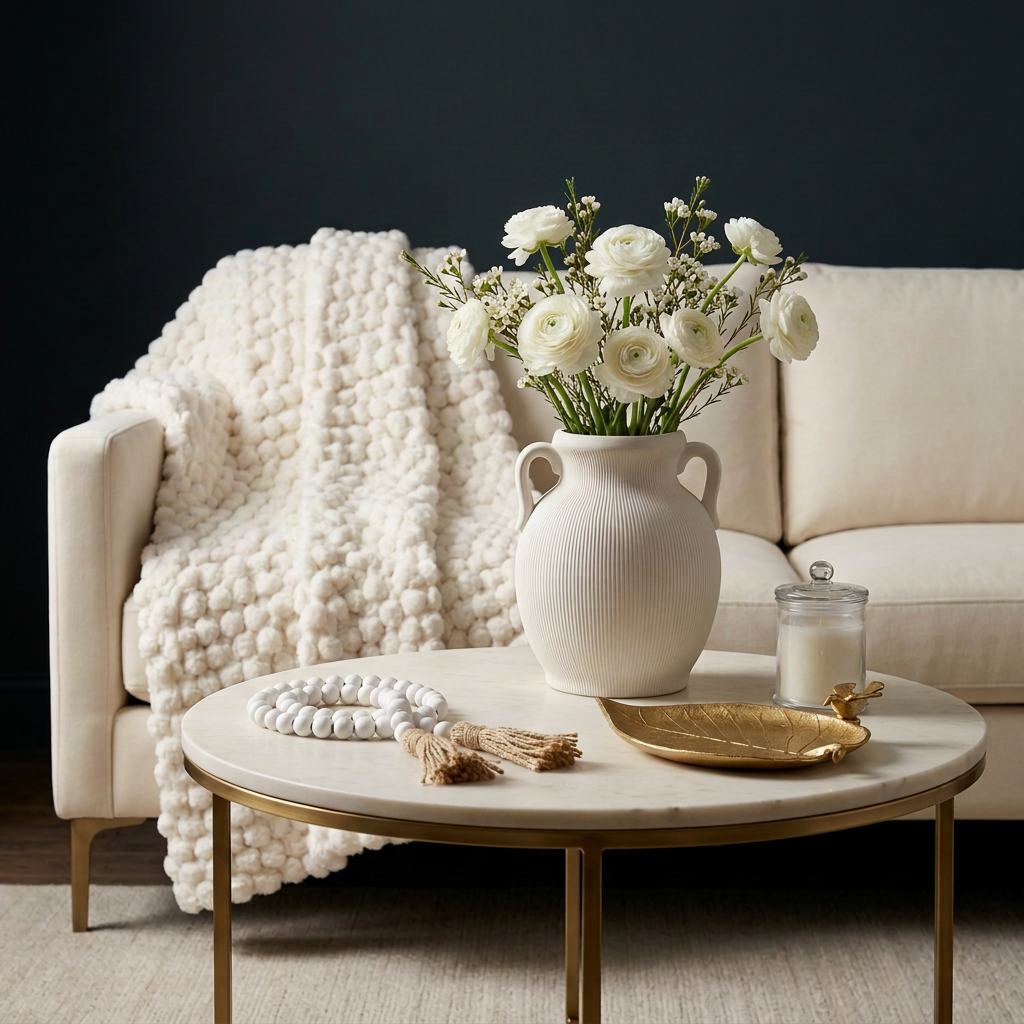 White ribbed vase with side handles on a table with a gold leaf dish and candle (flowers not included)