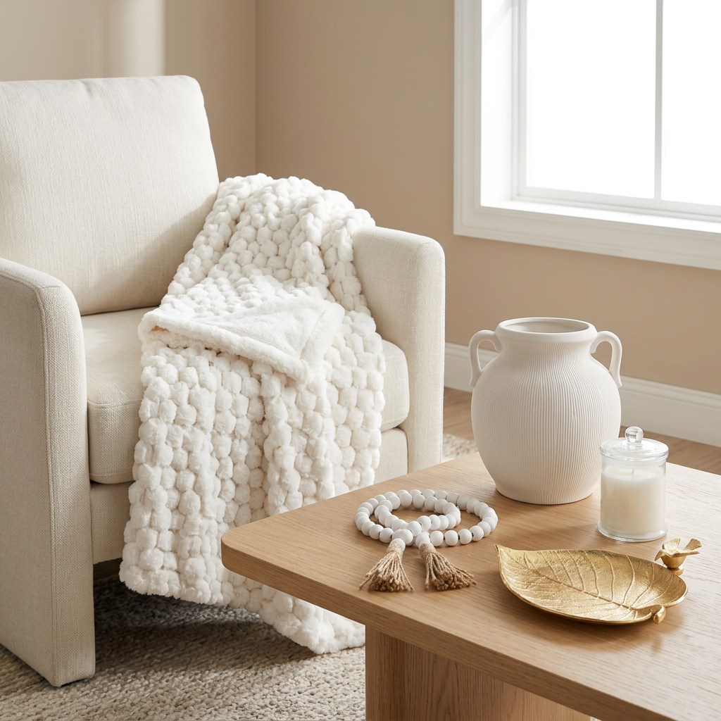 White ribbed vase with side handles and wood bead garland with jute tassels styled in a bright living room next to an armchair