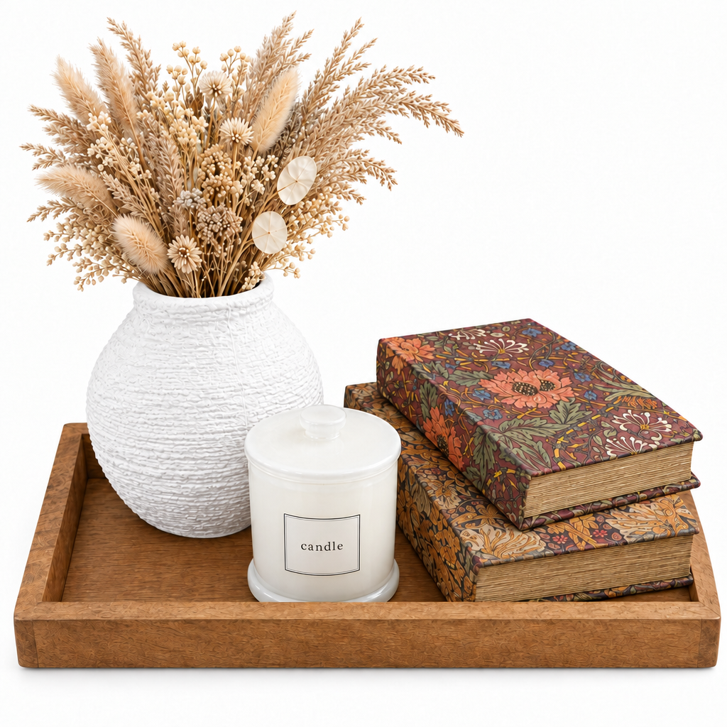 White textured vase with dried flowers, candle, and two floral decorative books arranged on a wooden tray against a white background